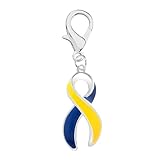 Blue & Yellow Ribbon Hanging Charm - Down Syndrome Awareness and Support Ukraine - Perfect for Bracelets, Purses, Zipper Pull on Jackets, Backpacks, Pet Collars, Support Groups and Fundraising (1 Charm)