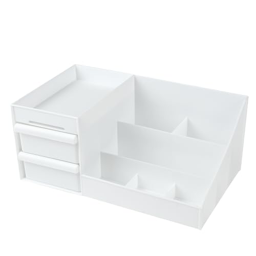 URAQT Organizador de Maquillaje, 6 Rejillas Organizador de Cosméticos con 2 Cajones, Caja de Maquillaje Makeup Organizer para Cosméticos para Tocador Dormitorio Baño, Blanco-A