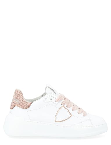 Sneaker Philippe Model modello Tres Temple Low bianca con talloncino in tessuto intrecciato rosa. Scudetto laterale Suoletta interna removibile di 1 cm Fodera in pelle Suola in gomma cucita 4 cm Made in Italy