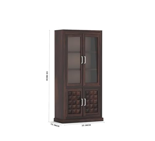 Image of Sheesham Wood Bookshelf with Glass Door for Home Library Solid Wood Bookcase Wooden Crockery Cabinet for Kitchen Book Shelf (Walnut Finish)