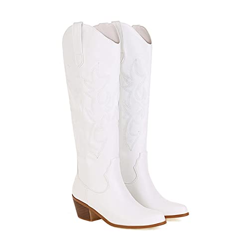 Ladmiple Cowboy Boots For Women Mid Calf Wide Width Pointed Toe Chunky Heel Cowgirl Embroidered Western Knee High Boots