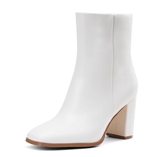 GENSHUO Square Toe Ankle Boots for Women 3.15 Inch High Block Heel Short Boots Fashion Side Zipper Booties Shoes