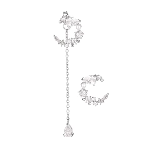POPETPOP Pendientes Colgantes de Plata con Perlas y Borlas en Tonos Claros para Mujer, Diseño de Luna y Estrella, Elegantes y Fáciles de Combinar para Fiesta y Aniversario