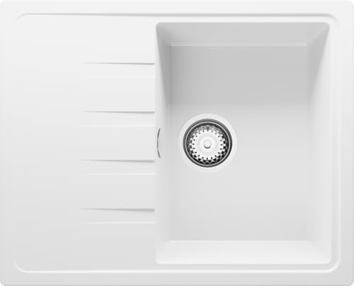 PRIMAGRAN Evier Cuisine en Granit Blanc 62x50cm, Lavabo 1 bac + Kit de Vidage, Évier à Encastrer al mueble 40cm - Milan