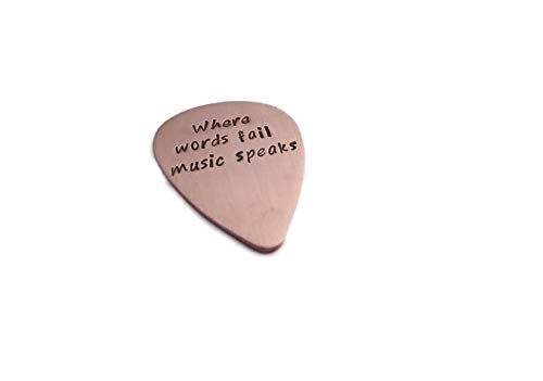 Where words fail music speaks, Personalized Copper Guitar Pick, Leather CASE INCLUDED, Hand Stamped, gift for musician, rock star