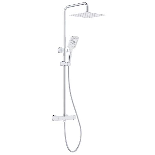 Rainsworth Thermostatic Shower Column, Stainless Steel Shower Head 92-126 cm, 3 Jet Shower Head, Height Adjustable Rain Shower, Shower Set with Mixer Tap, Chrome
