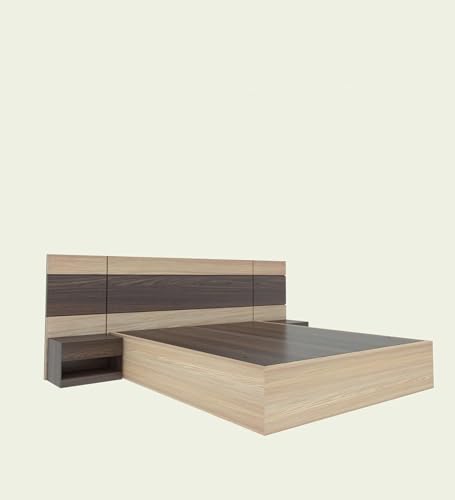 Image of Queen Size Engineered Wood Platform with Striped Designer Headboard Bed and Side Tables with Storage (Walnut Brown /Choco Brown)