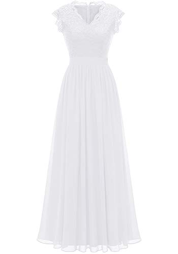 Dressystar 0050 V Neck Sleeveless Lace Bridesmaid Dress Wedding Party Gown M White
