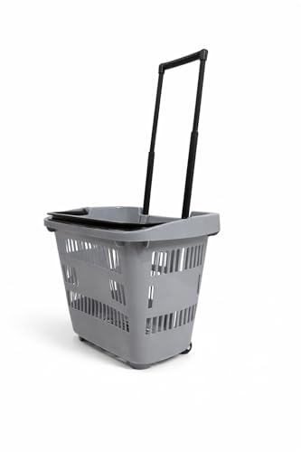 Cesta de la compra rodante de 31 litros con ruedas y mango telescópico, cesta apilable de plástico para venta al por menor, carrito resistente (gris) - Perfecto para comestibles y compras
