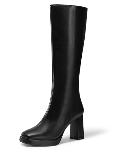 Coutgo Women’s Knee High Boots Platform Chunky High Heel Square Toe Side Zipper Gogo Boots Shoes