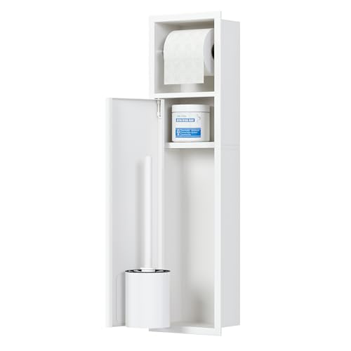 Recessed Toilet Brush Holder, SUS304 Stainless Steel Rustproof Recessed Toilet Brush Holder, in Wall Tissue Brush Storage Cabinet for Bathroom, Matte White, 4" Depth