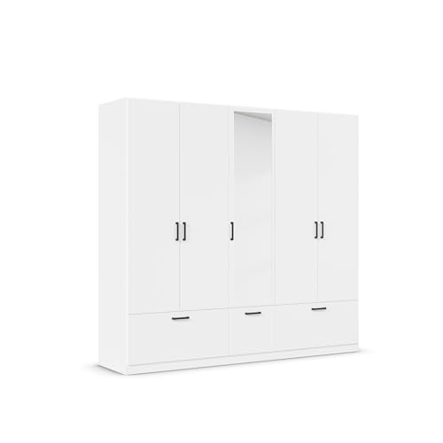 Rauch Möbel Bari, Drehtürenschrank, 5-türig, Kleiderschrank Weiß, 3 Schubladen, mit Spiegel, 226x210x54cm