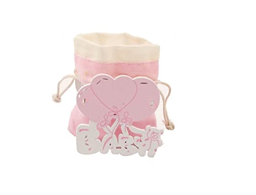 Digiglio Bomboniere Lot de 12 bonbonnières pour naissance, baptême, lot de 12 boîtes à dragées en bois avec ballons rose cœur ourson et petite pochette