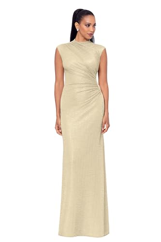 Image of Betsy & Adam Women's Metallic Knit Full Length Gown with Bateau Neck & Ruched Bodic