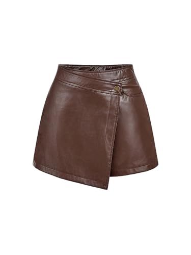 GORGLITTER Damen Shorts Elegant Kunstleder Shorts Hohe Taille Kurz Hose mit Taschen PU Leder Hosen mit Reißverschluss Alltag Outfit Mokka Braun L
