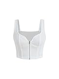 BEAUDRM Women's Zipper Front Tank Crop Top Sleeveless Backless Sweetheart Neck Slim Fit Shirts White Large