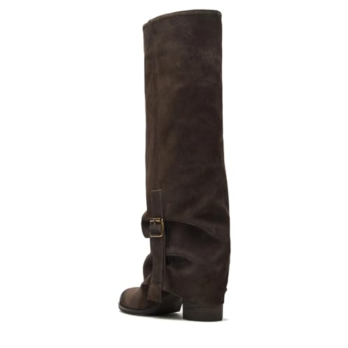 Fold Over Knee High Boots Women Wide Calf Round Toe Long Boots Chunky Block Heels Pull on Tall Boots with Adjustable Buckle3