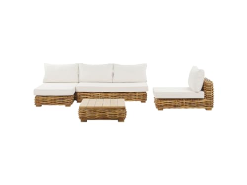 Conjunto de salón 4 plazas de ratán natural marrón blanco derecho cojines mesa Varallo