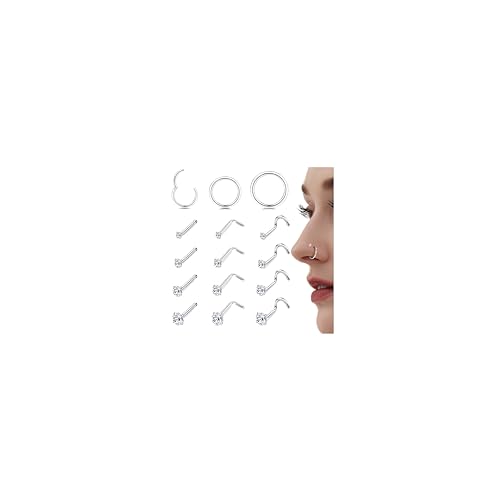 LOYALLOOK 15Pcs Nose Rings Studs-316L Surgical Steel Gold Nose Rings for Women Men Hypoallergenic L Shape/Corkscrew/Straight Nose Studs Hinged Clicker Segment Nose Rings Hoops 18G 20G Nose Piercing Jewelry