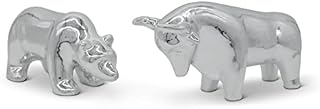 Desk statue bull and bear as a symbol for stock market & Wall Street - modern office decor sculpture in silver ceramics - decorative pair figure as for desk decor & living room