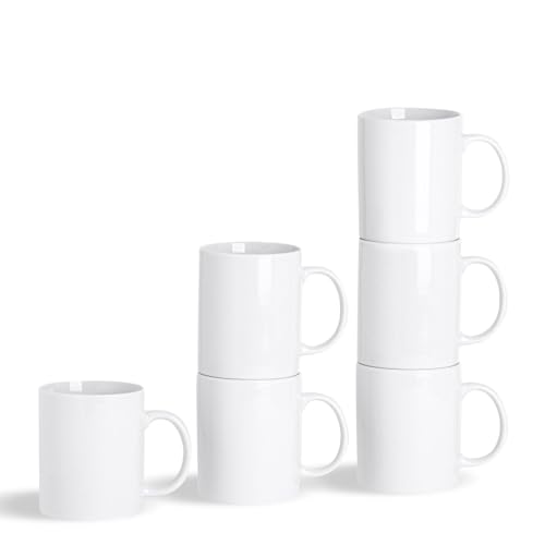 Argon Tableware 6X White Traditional Straight Sided Tea Mugs - 285ml (10oz) - Large Porcelain Latte Coffee Cups Set - Dishwasher and Microwave Safe