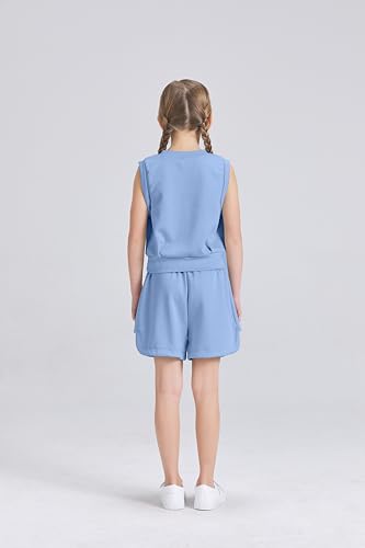 Image of Girls 2 Piece Outfits 2025 Trendy Clothes Summer Cute Sleeveless Tops Shorts Clothing Sets Activewear