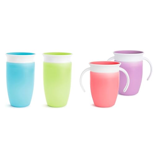 Image of Munchkin® Miracle® 360 Toddler Sippy Cup, Spill Proof, 10 Ounce, 2 Pack, Green/Blue & ® Miracle® 360 Trainer Sippy Cup with Handles, Spill Proof, 7 Ounce, 2 Pack, Pink/Purple