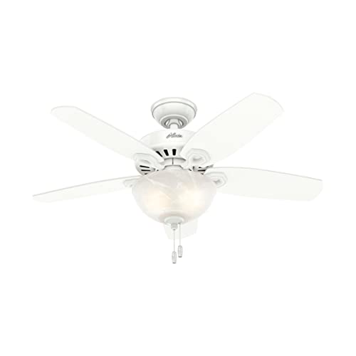 Hunter 42 inch Indoor Ceiling Fan with LED Light - White Ceiling Fan with Pull Chain, For Bedroom or Living Room, Standard Mount, No Remote, 5 Blades, Includes Bulbs - Builder 52217, Snow White