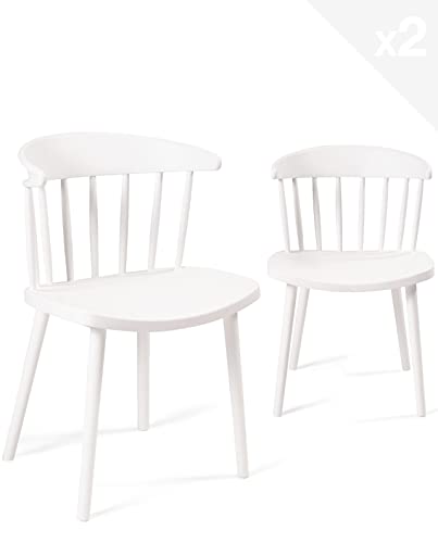 KAYELLES Lot de 2 chaises à barreaux Blanches, Style rétro Western - Windsor, Large Assise, Dossier Enveloppant DIA (Blanc)