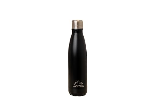GANZARIA Borraccia termica - 500ml - Acciaio Inox, Bottiglia termica Senza BPA per Scuola, lavoro, ufficio, design elegante 100% Sostenibile, Doppia Parete (NERO)