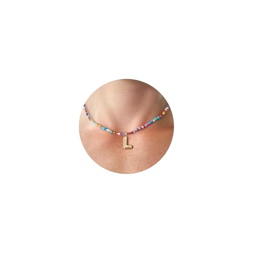 VRIUA Colorful Initial Necklaces for Women – Bubble Letter L Necklace Handmade Beaded Necklace Dainty Initial Necklaces for Girls Kids - Teen Girls Gifts Trendy Jewelry