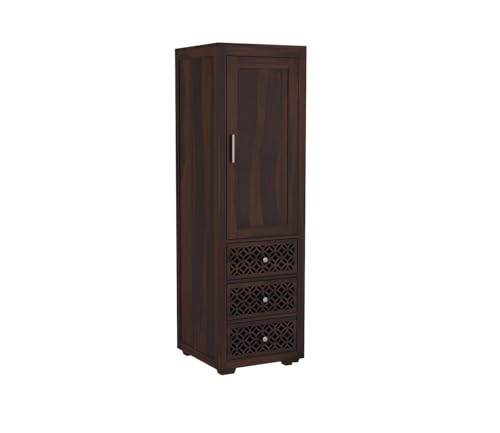 Image of Sheesham Wood Wooden Single Door Wardrobe Organizer for Clothes | - Solid Wood Almirah with 3 Drawers, 3 Shelves - Cupboard for Large Bedroom, Walnut Finish