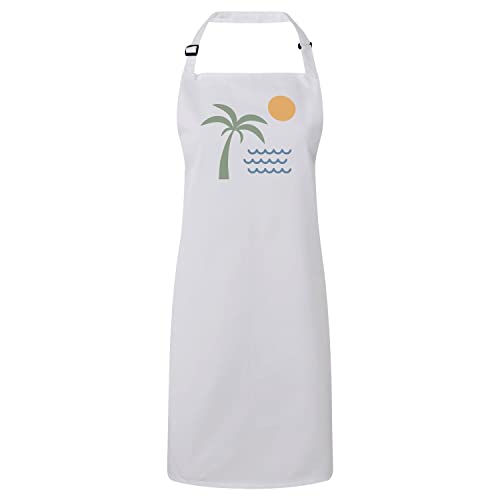 Tablier cuisine blanc motif cocotier tropical et plage minimaliste