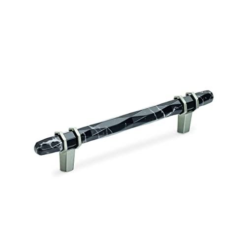 Image of Amerock 5-1 /16 inch Carrione Marble Black /Satin Nickel Drawer Pull | 5-1 /16 inch (128mm) Center-to-Center Mounting Distance and 7-1 /2 inches Overall Length, Durable Zinc Cabinet Hardware