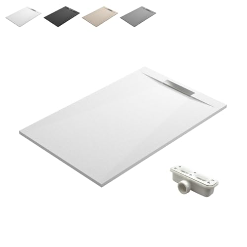 Plato de Ducha de Resina Antideslizante con Valvula y Rejilla Oculta | Textura Piedra | Blanco | 70 X 140 cm