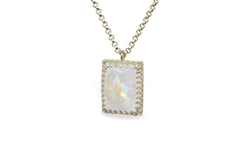 Collier Pierre de Lune Luminescente en Argent Pendentif Rectangulaire Luxe