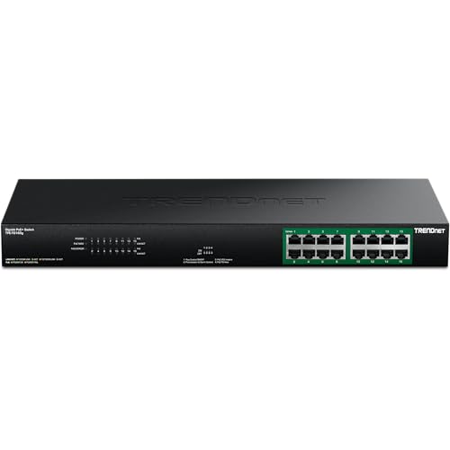Image of TRENDnet 16-Port Gigabit PoE+ Switch, TPE-TG160g, 16 x Gigabit PoE+ Ports, 246W PoE Power Budget, 32 Gbps Switching Capacity, Ethernet Splitter, Metal, Lifetime Protection, Black
