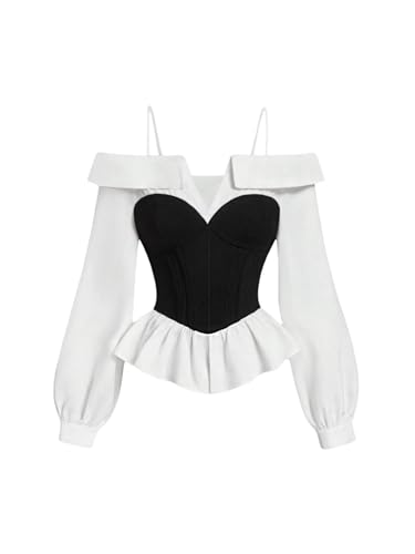 MakeMeChic Women's Fall Tops Lantern Sleeve Cold Shoulder Blouse Color Block Renaissance Shirt Corset Top Black and White Small