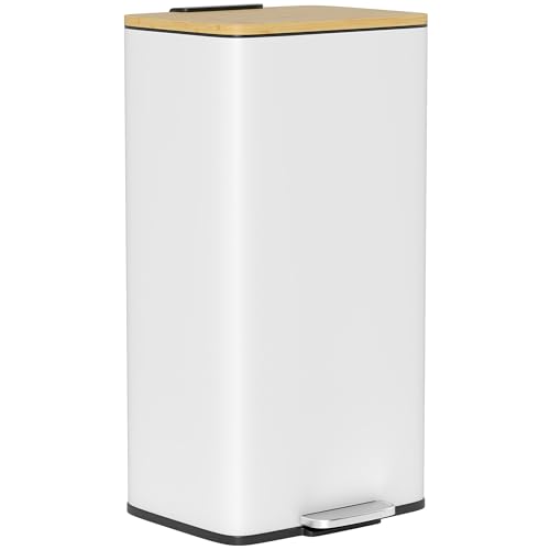 HOMCOM Poubelle de Cuisine 20L Pédale 29,5x29,5x56,8cm Blanc et Naturel