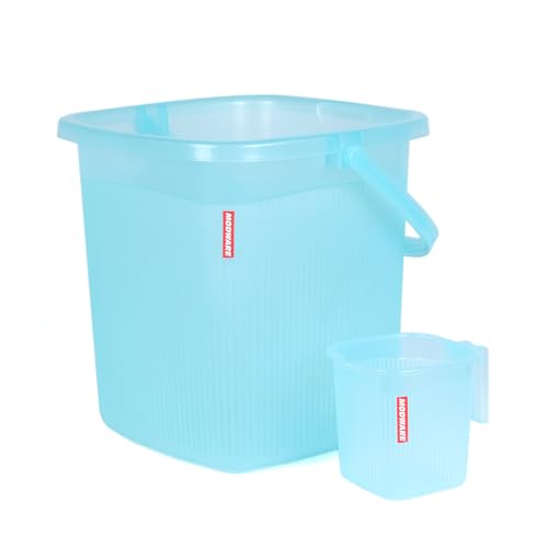 Image of MODWARE Plastic Bucket with Mug Set, 20L Transparent Bucket with 1 Litre Mug, Durable Lightweight Bathroom Set (Blue, 20L)