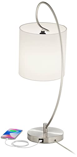 360 Lighting Ferris Modern Arc Table Lamps Set Of 2 With Usb Charging Port 26" High Brushed Nickel Silver Metal White Drum Shade For Living Room Bedroom House Bedside Nightstand Home Office #TOP2