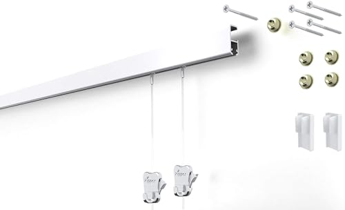 STAS Cliprail Pro Picture Hanging System Set White - Covers 4.92 ft of Wall Space - Heavy Duty Picture Rail & Art Hanging Gallery Kit Without Nails - for Home or Museum (Includes 2 Hooks & Cords)