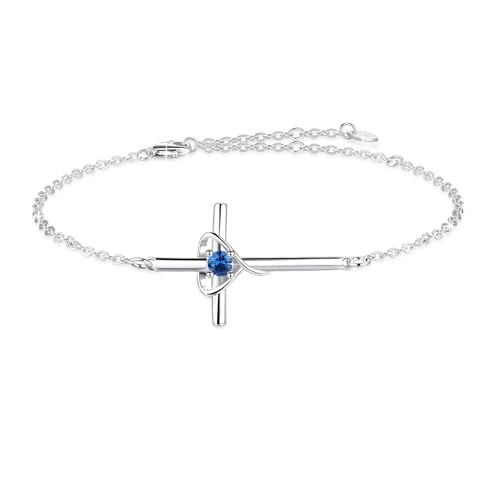 Birthstone Bracelet 925 Sterling Silver Birthstone Cross Bracelets for Women Cross Heart Cubic Zircon Adjustable Jewelry Gifts for Birthday Christmas