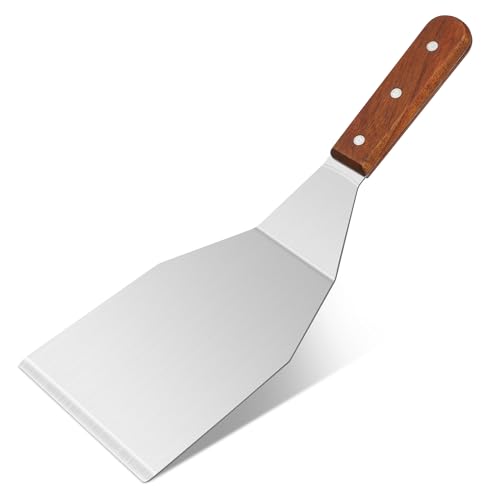 Großer Pfannenwender aus Edelstahl mit Holzgriff, 34x11 cm, hitzebeständig, Robuster Metallspatel für Grillen, Pfannkuchen, Pizza und Küchengebrauch, Silberfarben