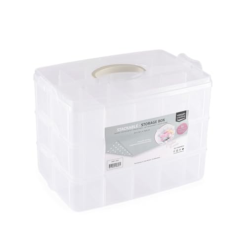 Vaessen Creative Aufbewahrungsbox Transparent mit Deckel von 25 x 16,5 x 18,5 cm - Mit 3 Schichte und 30 einstellbare Fächer - Für Scrapbooking, Basteln, Diamond Painting