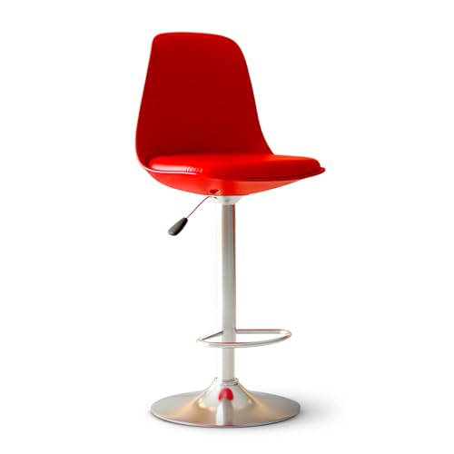 Image of DIYA Seating Solutions 360 Revolving Adjustable Height Bar Stool Chair with Chrome Metal Base for Kitchen, Cafe | 1 Year Warranty | Leatherette Upholstery | Comfortable for Long Sitting (Red)