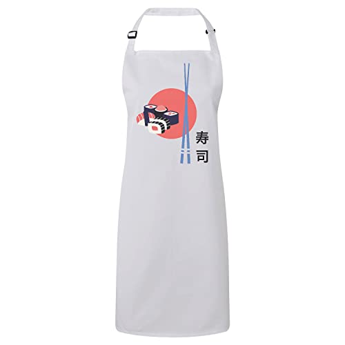Tablier cuisine blanc anti-tache motif poisson pour passionné sushi