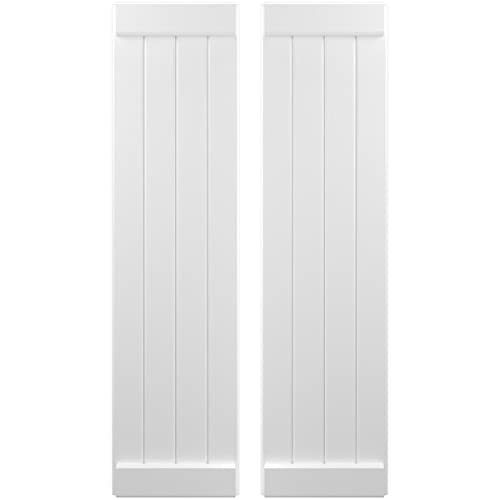 14"W x 47"H Americraft Four Board Exterior Real Wood Joined Board-n-Batten Shutters w/End Batten (Per Pair), White