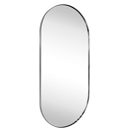 Image of TEHOME Brushed Nickel Oval Bathroom Mirror 20x40'' Pill Shaped Oblong Vanity Mirror Metal Framed Capsule Mirror for Wall in Stainless Steel Rounded Rectangular Mirrors for Wall Mounted