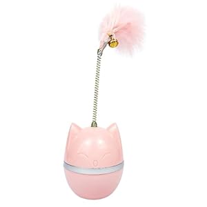 emily pets Cartoon Cat Head Tumbler Toy, Feather Teasing Cat Stick Cat Toy,Interactive Kitty Entertaining Funny Toy,Cat Playing Toy for Kitten (Color-Pink).